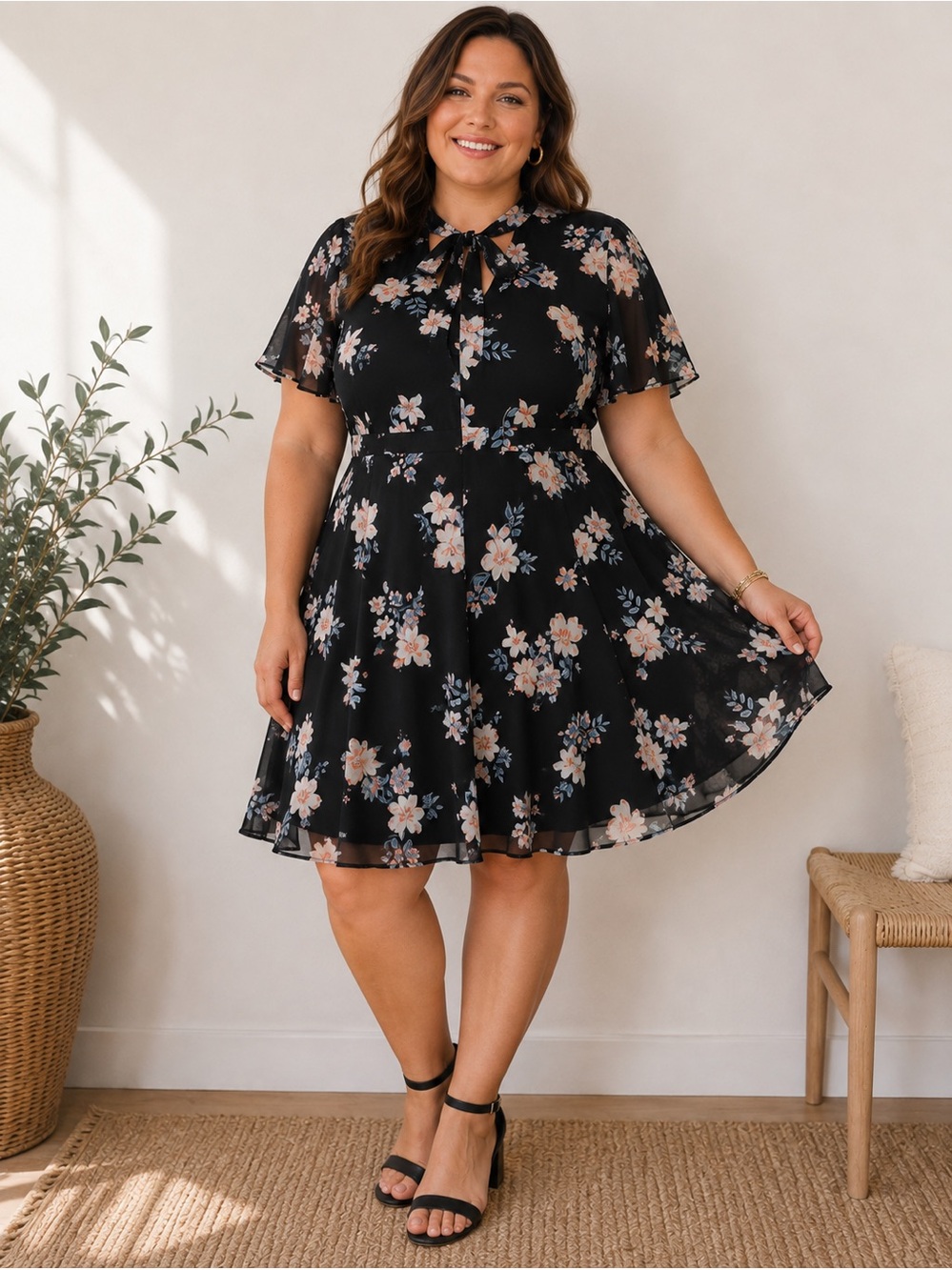 Torrid Black Floral Chiffon Tie Neck Fit & Flare Dress